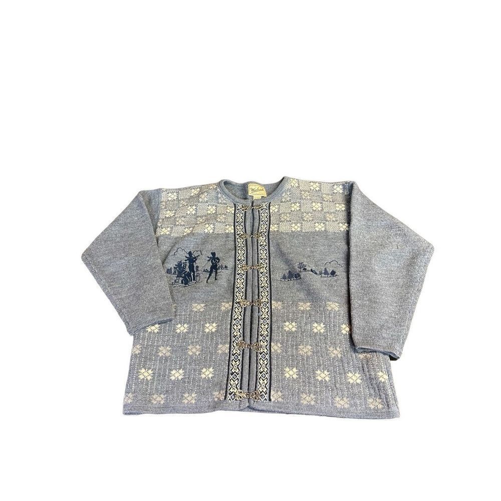 Vintage Woolrich 100% Wool Blue Cardigan Winter Scene Metal Clasps Womens Size X